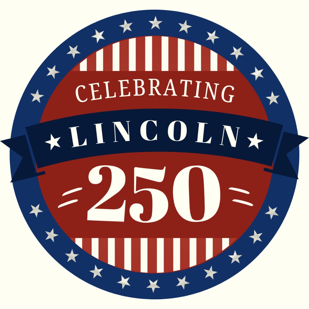 Circular Lincoln250 badge with stars, stripes, and Celebrating Lincoln 250 text